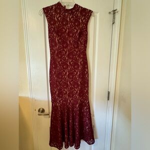 Eureka Burgundy Dress - Allover Lace High Neckline Mermaid Dress
